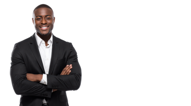 Confident businessman smiling with arms crossed, isolated on white background.