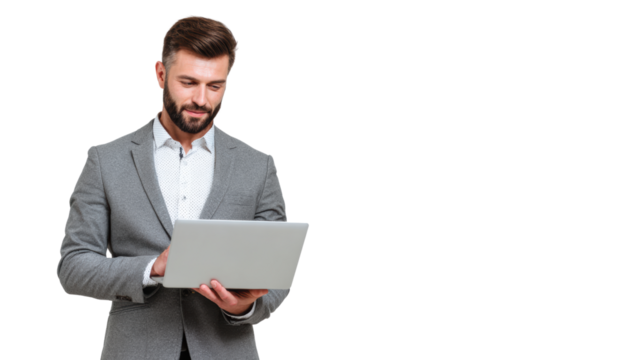 Confident businessman using laptop, white isolate background.