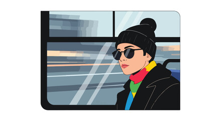 Stylish passenger on a morning commute, gazing out the bus window with a serene expression reflecting the urban landscape while traveling