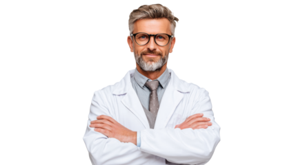 Confident doctor with glasses in white coat, arms crossed, smiling against isolated background.