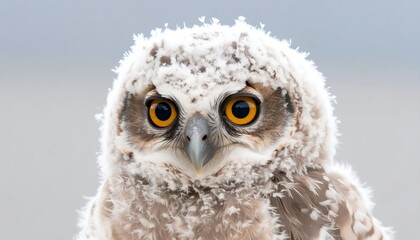 Obraz premium Close-up of a fluffy owlet with bright orange eyes, looking directly at the camera against a blurred background