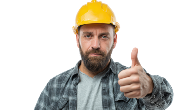 Confident construction worker in a yellow hard hat giving a thumbs up against a clear background. - Powered by Adobe