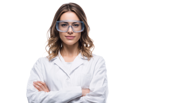 Confident female scientist in lab coat and safety goggles, arms crossed against a white background.