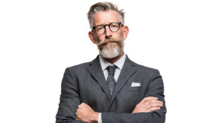 Confident man in a suit with glasses, posing with folded arms, exuding professionalism and style.