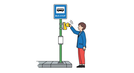 Illustration of a person signalling for a bus using a bus stop button, highlighting transportation and pedestrian safety measures within an urban