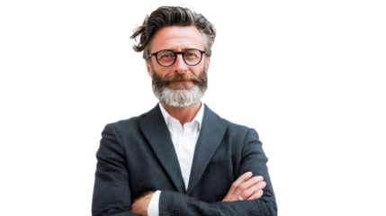 Confident man with beard and glasses, wearing a suit, standing with arms crossed, isolated on white background.