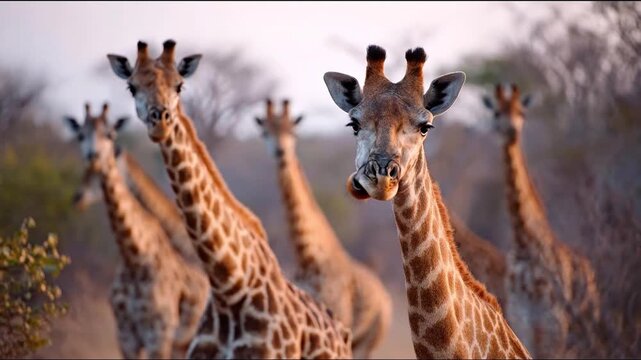 Five giraffes stand closely together their long necks and patterned coats visible
