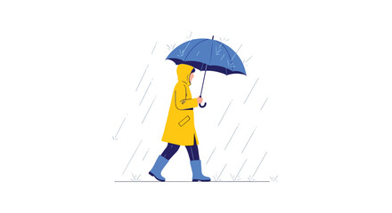 Person in Bright Yellow Raincoat Walking with Umbrella in Rainy Weather Illustration