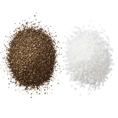 Finely ground black peppercorns on left, coarse sparkling white sea salt crystals on right, against a transparent studio background, overhead macro view with soft shadows, concept of culinary contrast