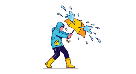 Whimsical illustration portraying resilience during a storm, person struggles with umbrella against wind and rain expressing the challenges of