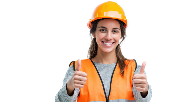 Confident young woman in a safety vest and helmet giving thumbs up, isolated on white background.