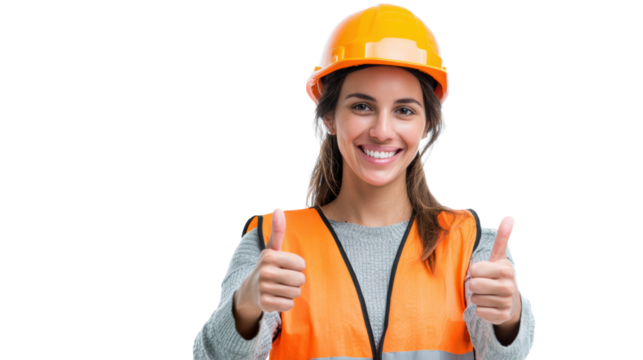Confident young woman in a safety vest and helmet giving thumbs up, isolated on white background.