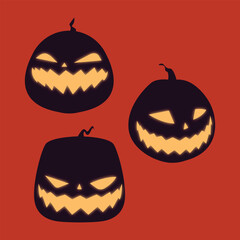 Illustration of three glow-in-the-dark Halloween pumpkin head icons on a dark orange background.