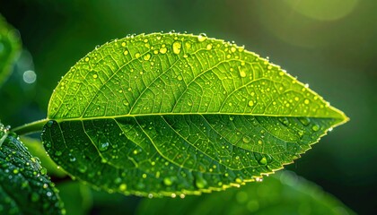 A vibrant green leaf with countless water droplets glistening in soft sunlight showcasing intricate textures and natural beauty