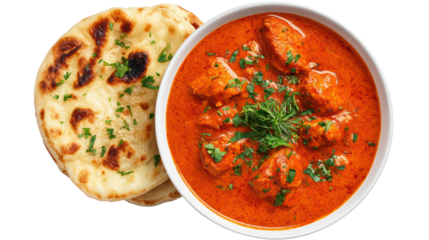 Delicious chicken curry served with naan bread on a white isolate background.