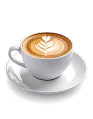 A white cup of latte art coffee sits on a matching saucer against a white background