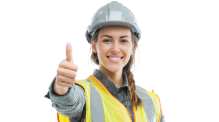 Female construction worker smiling with thumbs up, isolated on white background.