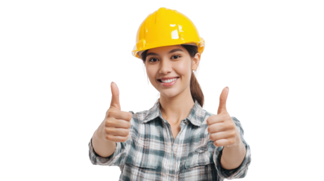 Female construction worker in a hard hat giving thumbs up, smiling, on white isolated background.