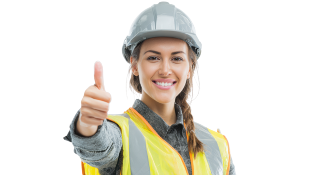 Female construction worker smiling with thumbs up, isolated on white background.