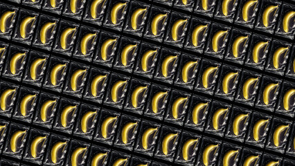 Pattern of vacuum sealed bananas arranged diagonally, repetitive modern food concept on black background, abstract preservation design.