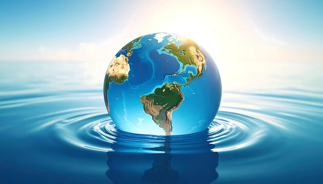 Earth globe resting gently on rippling water, bright sky