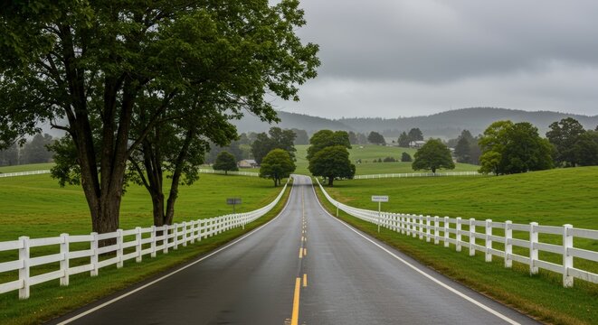 Scenic road through lush green fields leading to rolling hills under overcast sky