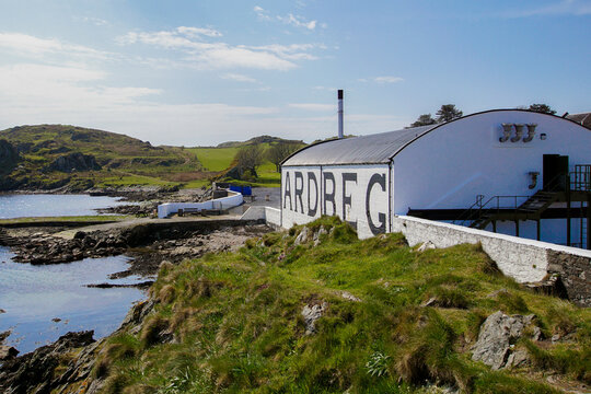 Ardbeg, Islay, Scotland - May 01 2017: The Ardbeg Scotch whisky distillery in the south of the isle of Islay. It produces peated Scotch whisky.
