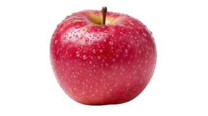 Fresh red apple with water droplets, isolated on white background.
