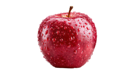 Fresh red apple with water droplets on a white isolated background.