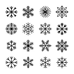 Various black and white snowflake designs arranged in a grid pattern suitable for winter decorations and seasonal crafts