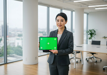 Businesswoman Presenting on Tablet with Green Screen