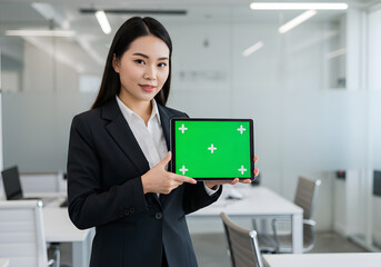 Businesswoman Presenting on Tablet with Green Screen