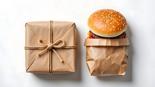 A food delivery with a hamburger and a gift wrapped in brown paper package tied up with string