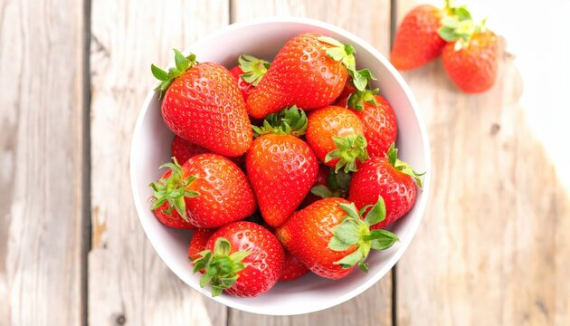 A white bowl overflowing with fresh ripe strawberries sits on a rustic wooden table showcasing their vibrant red color and green leaves