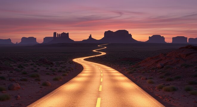 Scenic road winding through a desert landscape at sunset with dramatic sky and distant mountains - Powered by Adobe