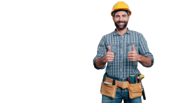 Happy construction worker giving thumbs up, isolated on white background.