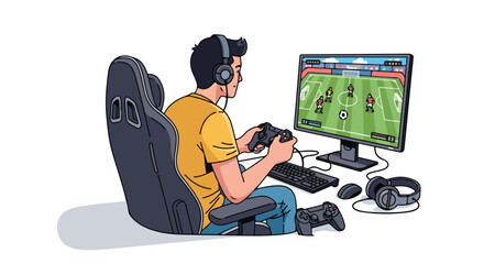 Dedicated young gamer immersed in digital soccer on his computer, surrounded by gaming equipment, enjoying the immersive gaming experience from his