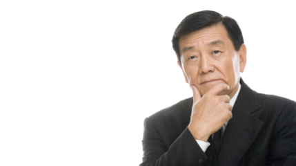 Pensive businessman in formal attire with thoughtful expression, isolated on white background.