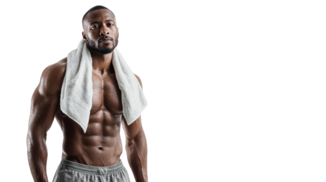 Muscular man standing confidently, towel around neck, fitness and workout theme, isolated on white background.