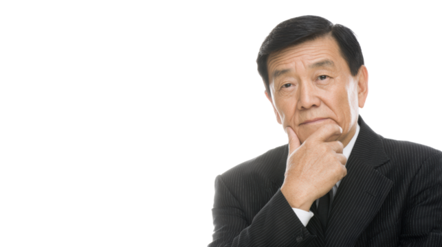 Pensive businessman in formal attire with thoughtful expression, isolated on white background.