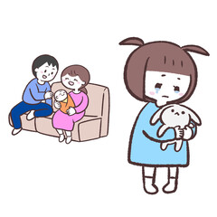 赤ちゃんが生まれて寂しい子供と家族のイラスト