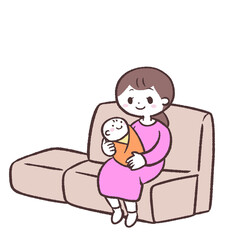 ソファーに座る赤ちゃんとお母さんのイラスト
