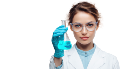 Scientist holding a blue liquid in a glass flask, isolated on a white background.