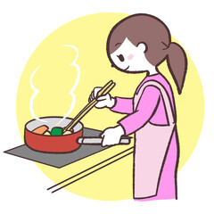IHで調理する女性のイラスト