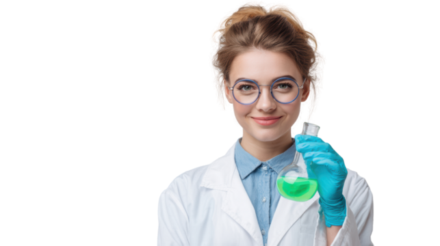 Scientist holding a green flask in a lab, smiling joyfully, wearing glasses and a lab coat.
