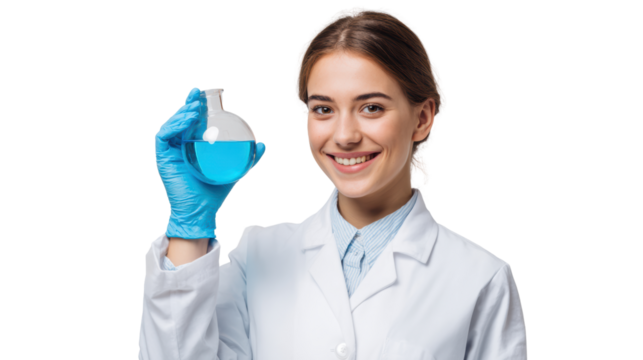 Scientist holding blue liquid in a flask, smiling, wearing gloves and a lab coat, isolated on white background.