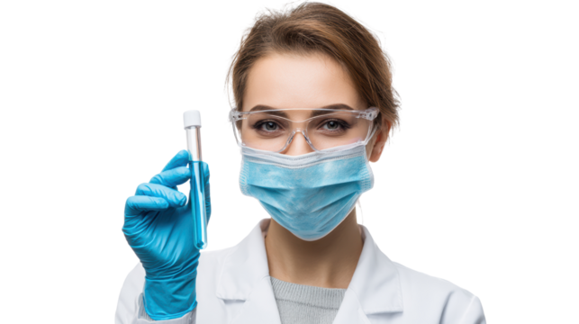 Scientist holding a test tube in a lab with protective gear, white isolate background.