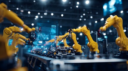 Futuristic assembly line AI robots electronic device assembly precise mechanical arms glowing digital interfaces