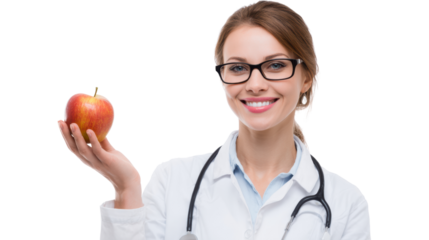 Smiling female doctor with an apple in hand, promoting healthy eating, isolated on white background.
