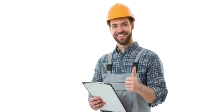 Smiling construction worker in hard hat showing thumbs up, white isolated background.